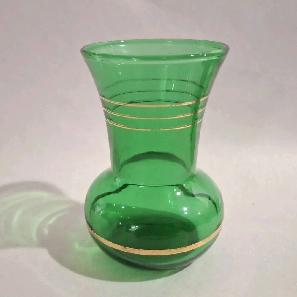 Vintage MCM Anchor Hocking Emerald Green & Gold Striped Bud Vase 3.75 x 2.5